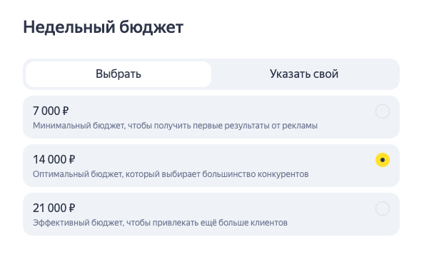 Выбор бюджета в Яндекс Директе