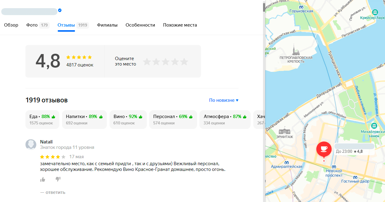 Рейтинг заведения в Яндекс Картах