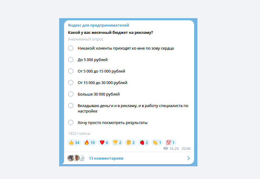 Голосование о бюджете на продвижение в канале Яндекс Рекламы