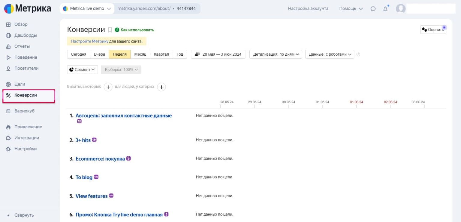  Отчёт по конверсиям в Яндекс Метрике