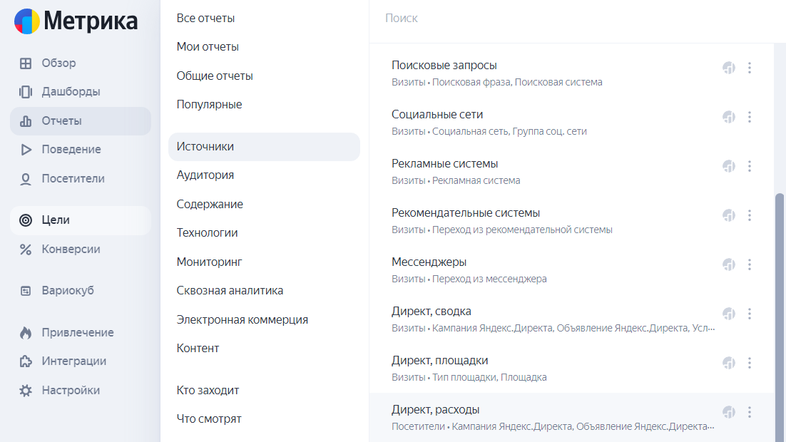 Интерфейс личного кабинета в Яндекс Метрике