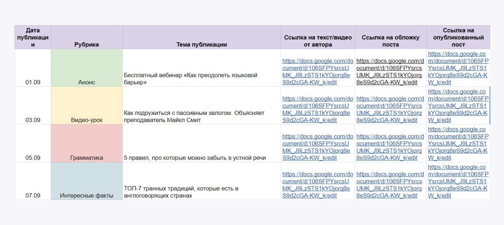 Пример контент-плана для школы английского языка